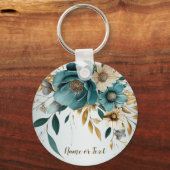 Turquoise Witte Bloem Gouden Bladeren Elegant Sleutelhanger (Achterkant)