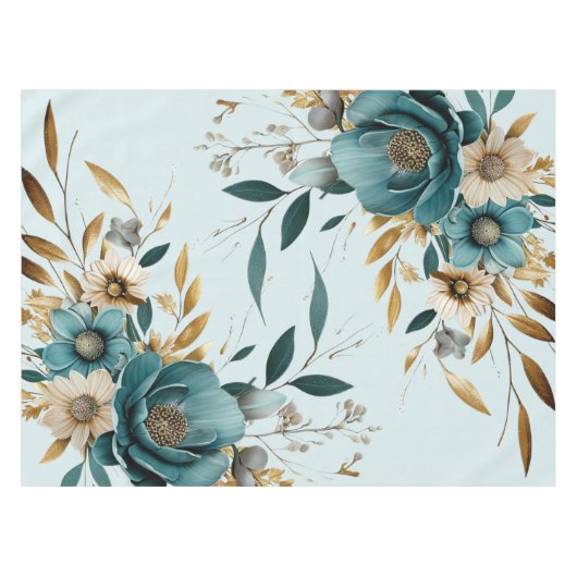 Turquoise witte bloem gouden bladeren elegant tafelkleed (Voorkant (Horizontaal))