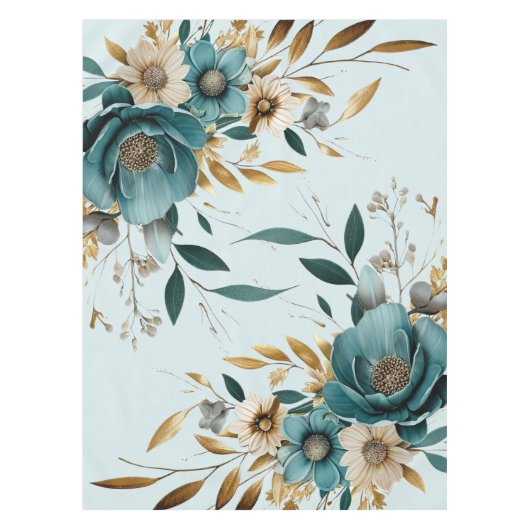 Turquoise witte bloem gouden bladeren elegant tafelkleed (Voorkant)