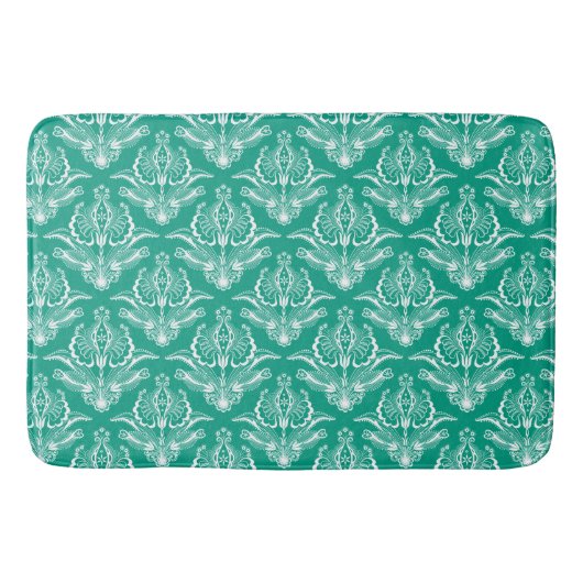 Turquoise & Witte Bloemen Art Deco Patroon Badmat (Voorkant)