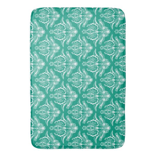 Turquoise & Witte Bloemen Art Deco Patroon Badmat (Voorkant Verticaal)