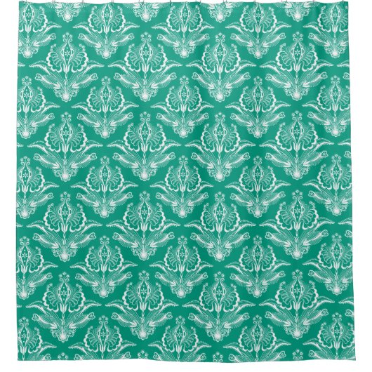 Turquoise & Witte Bloemen Art Deco Patroon Douchegordijn (Voorkant)