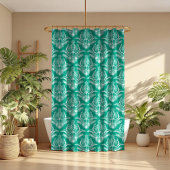 Turquoise & Witte Bloemen Art Deco Patroon Douchegordijn