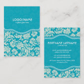 Turquoise & Witte Bloemen Damasks 2-Gepersonalisee Visitekaartje (Voorkant / Achterkant)