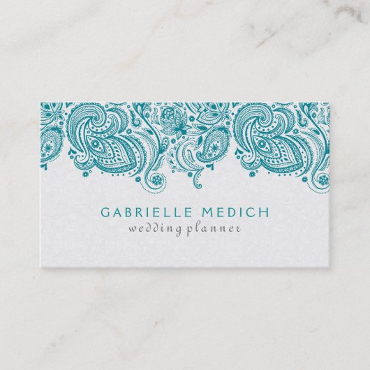 Turquoise & Witte Bloemen Paisley Kant Visitekaartje (Voorkant)