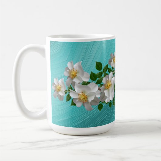 Turquoise witte bloementhee Mok (Links)