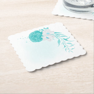 turquoise witte bloemige bruiloft kartonnen onderzetters