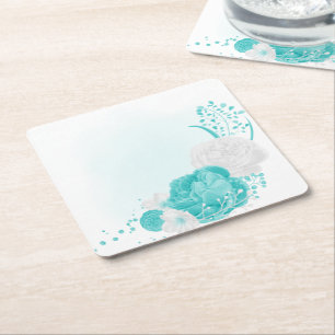 turquoise witte bloemige bruiloft kartonnen onderzetters