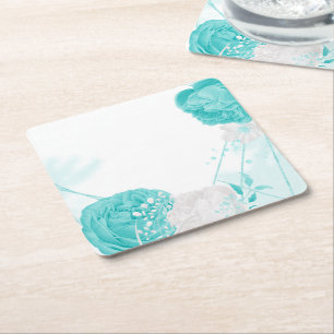 turquoise witte bloemige bruiloft kartonnen onderzetters