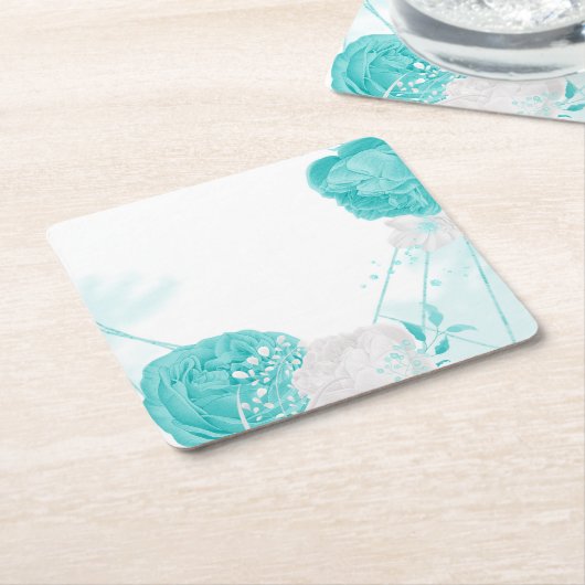 turquoise witte bloemige bruiloft kartonnen onderzetters (Schuin)