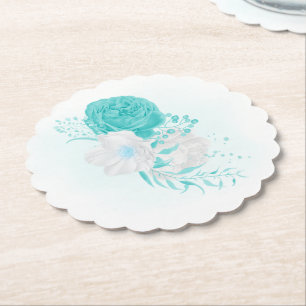 turquoise witte bloemige bruiloft kartonnen onderzetters