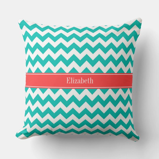 Turquoise Witte Chevron ZigZag Koraal Naam Monogra Kussen (Voorkant)