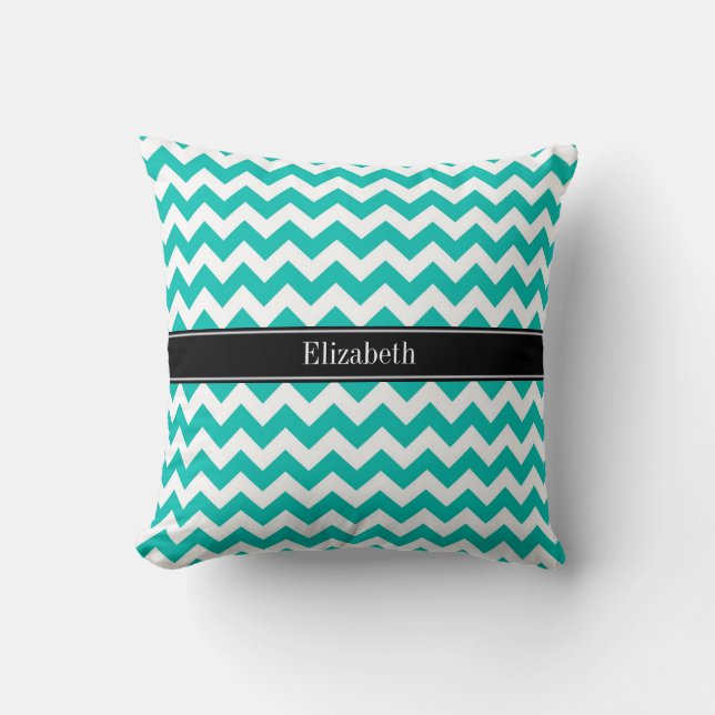 Turquoise Witte Chevron ZigZag Zwarte Naam Monogra Kussen (Voorkant)