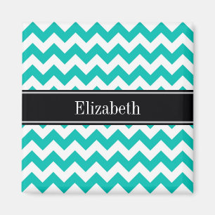 Turquoise Witte Chevron ZigZag Zwarte Naam Monogra Magneet