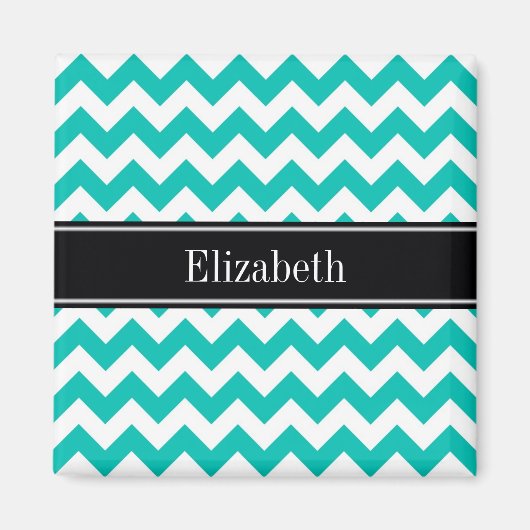 Turquoise Witte Chevron ZigZag Zwarte Naam Monogra Magneet (Voorkant)