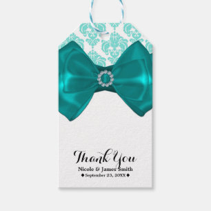 Turquoise & Witte Damast Bling Boog Glam Sweet 16 Cadeaulabel