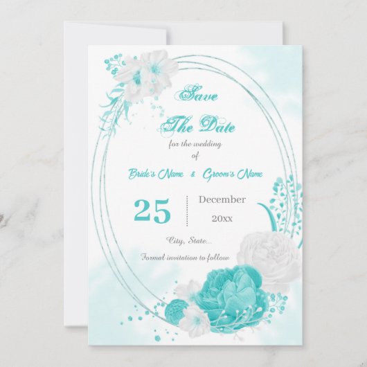 turquoise witte florale geometrisch save the date (Voorkant)