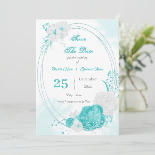 turquoise witte florale geometrisch save the date (Staand voorkant)