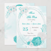turquoise witte florale geometrisch save the date (Voorkant / Achterkant)