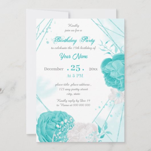 turquoise witte florale geometrische verjaardagsfe kaart (Voorkant)