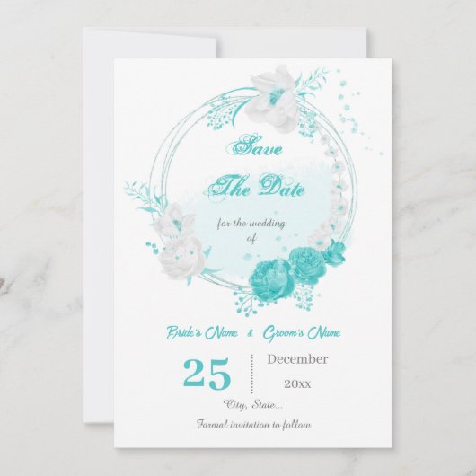 turquoise witte flormond save the date (Voorkant)