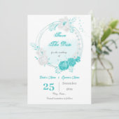 turquoise witte flormond save the date (Staand voorkant)