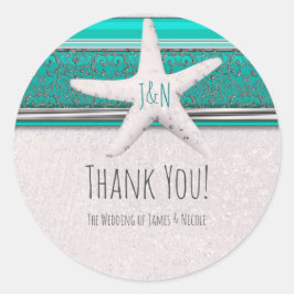 Turquoise & Witte Glitter Stervis Strand Bruiloft  Ronde Sticker