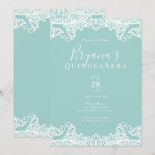 Turquoise & Witte Kant Elegant Quinceañera Feest Kaart