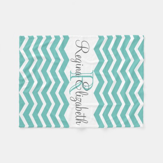 Turquoise witte monogram naam Keepsake Chevron Fleece Deken (Voorkant (Horizontaal))