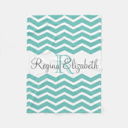 Turquoise witte monogram naam Keepsake Chevron Fleece Deken (Voorkant)