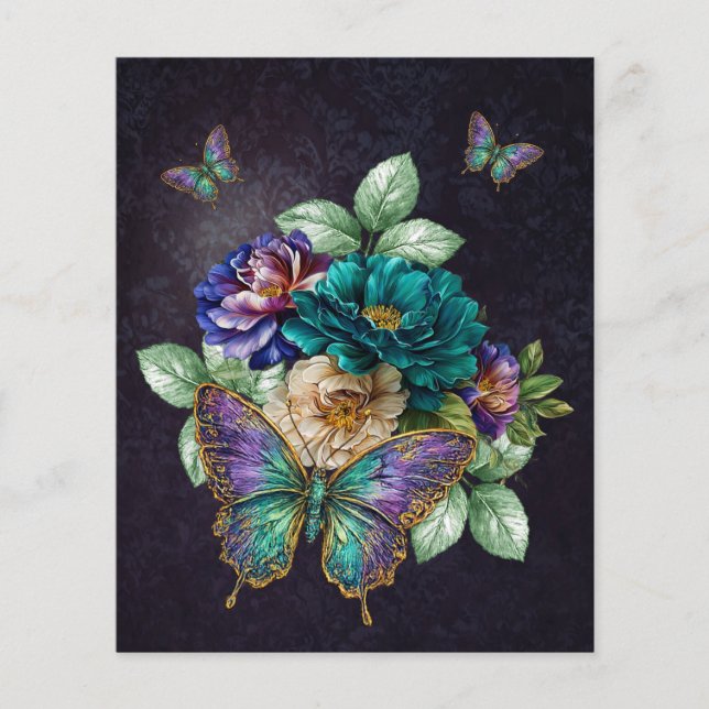 Turquoise Witte Paarse Bloemen & Vlinders (Voorkant)
