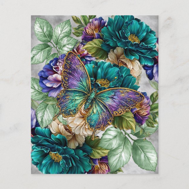 Turquoise Witte Paarse Bloemen & Vlinders (Voorkant)