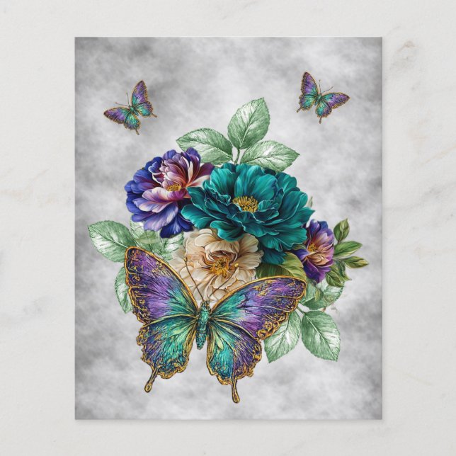 Turquoise Witte Paarse Bloemen & Vlinders (Voorkant)
