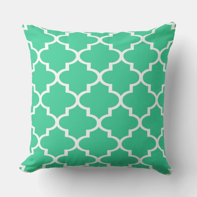 Turquoise Witte Quatrefoil Lattice Kussen (Voorkant)