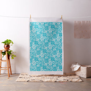 Turquoise & witte retro bloemen en vlinders stof