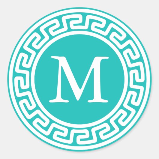 Turquoise Witte Ronde Griekse Sleutelrand Monogram Sticker (Voorkant)
