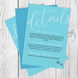 Turquoise, witte script bruiloft details behuizing informatiekaartje