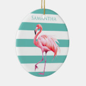 Turquoise witte strepen roze flamingo kerst keramisch ornament (Rechts)