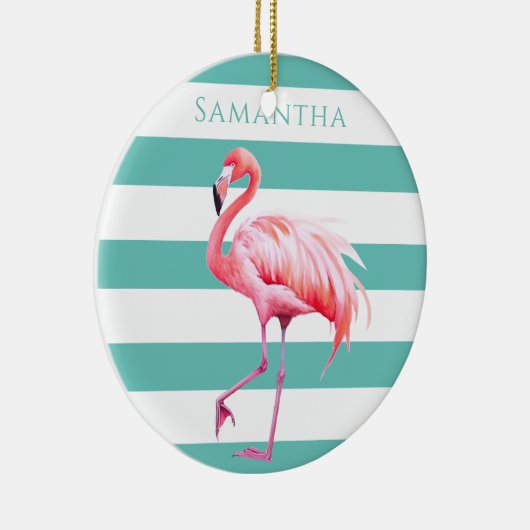 Turquoise witte strepen roze flamingo kerst keramisch ornament (Rechts)