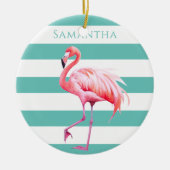Turquoise witte strepen roze flamingo kerst keramisch ornament (Voorkant)