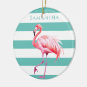 Turquoise witte strepen roze flamingo kerst keramisch ornament (Links)