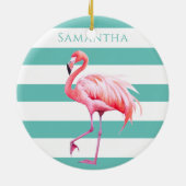 Turquoise witte strepen roze flamingo kerst keramisch ornament (Achterkant)