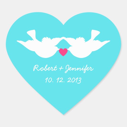 Turquoise witte Tortelduifjes Silhouet Hart Sticker (Voorkant)