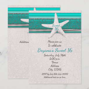Turquoise & Witte Zeester Strand Sweet 16 Uitnodig Kaart