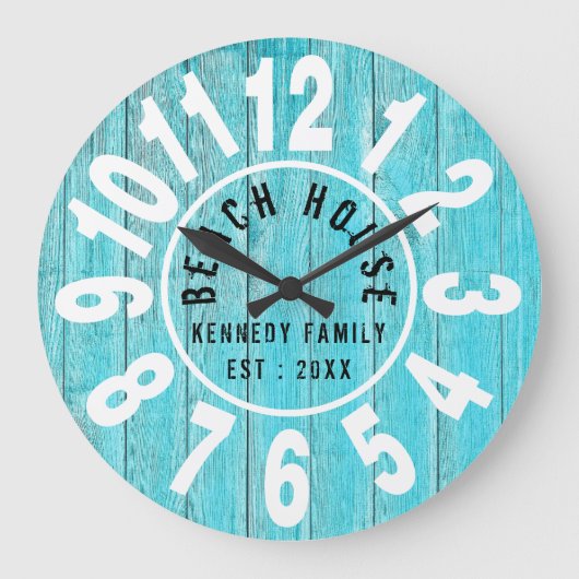 Turquoise Wood Beach House Black Big Numbers Grote Klok (Voorkant)