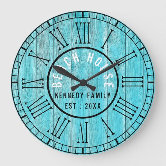 Turquoise Wood Beach House Black Roman Numeral Grote Klok (Voorkant)