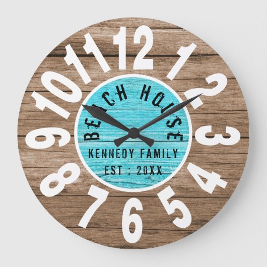 Turquoise Wood Brown Beach House White Big Numbers Grote Klok (Voorkant)