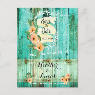 Turquoise Wood en Peach Poppies Save the Dates Aankondigingskaart