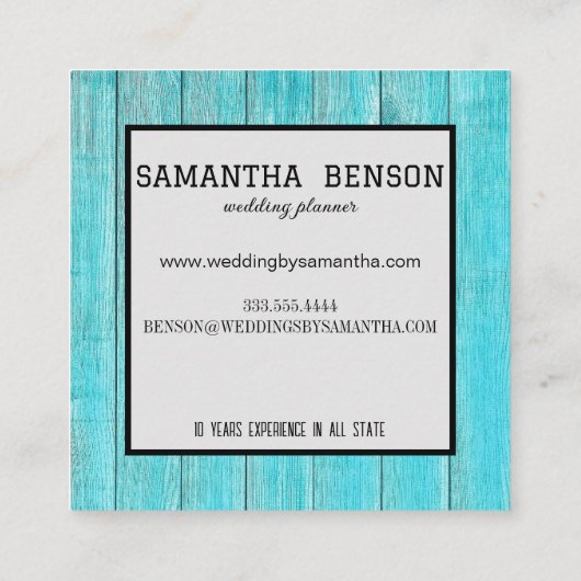 Turquoise Wooden Wedding Planner Vierkante Visitekaartje (Achterkant)