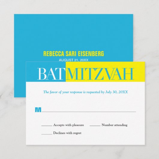 Turquoise Yellow Block Bat Mitzvah Reply RSVP (Voorkant / Achterkant)